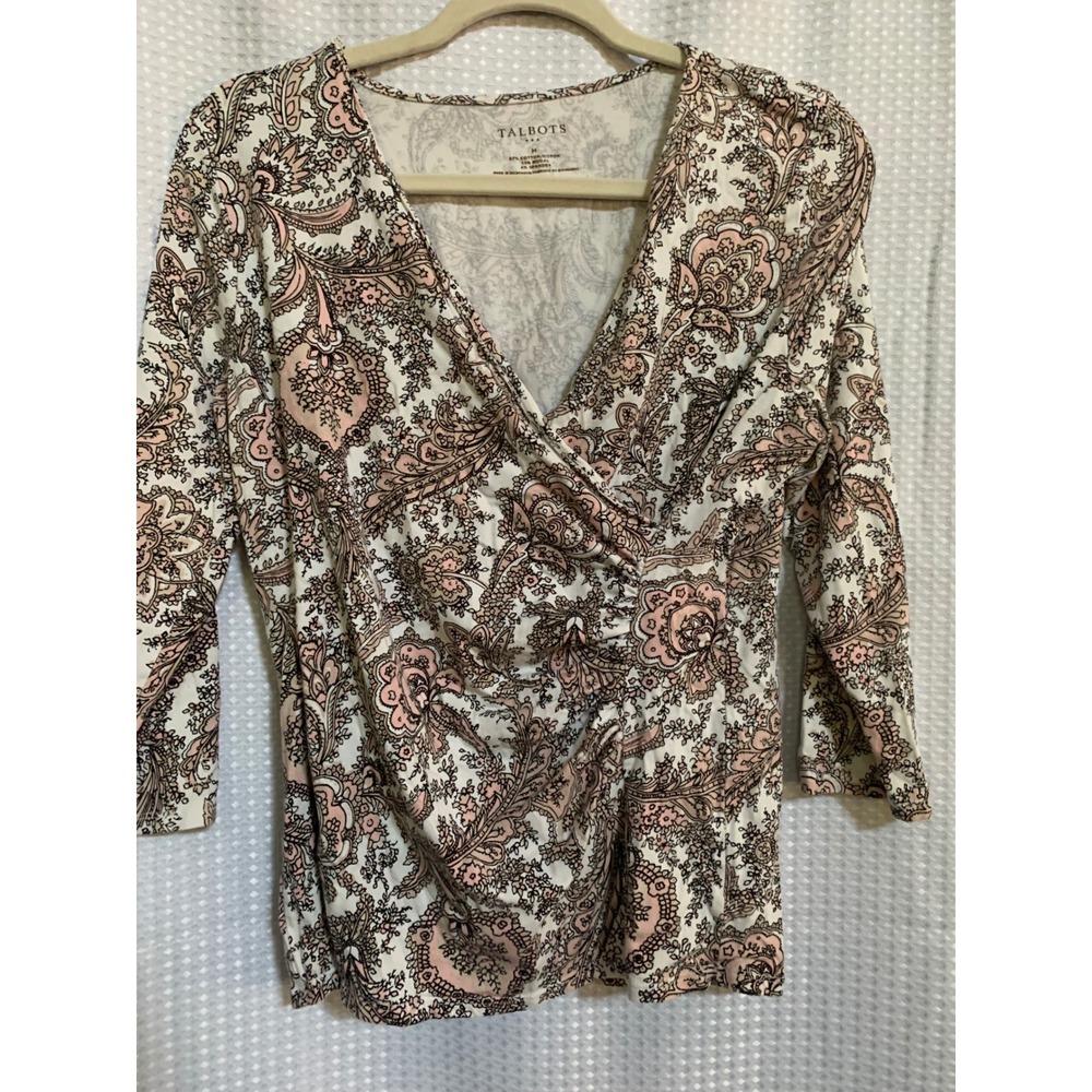 Talbots Womens Pink Black Paisley Faux Wrap V-Neck 3/4 Sleeve Top Size M Cotton